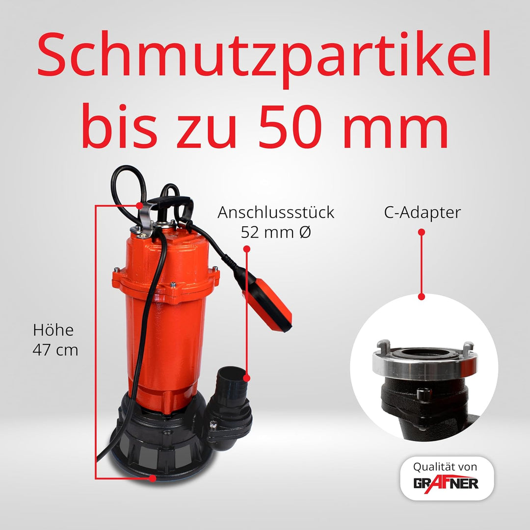 Grafner Profi Fäkalienpumpe 1500 Watt mit Schneidwerk und 30m Schlauch, Schwimmschalter, 15000 l/h,