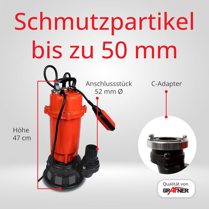 Grafner Profi Fäkalienpumpe 1500 Watt mit Schneidwerk und 30m Schlauch, Schwimmschalter, 15000 l/h,