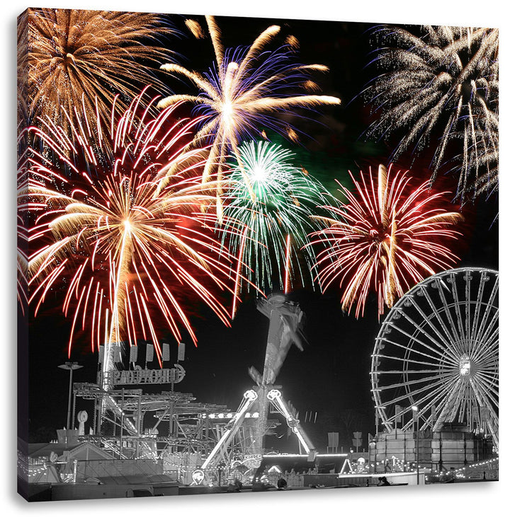 Pixxprint Silvester Feuerwerk schwarz/weiss, Format: 70x70 auf Leinwand, 70x70