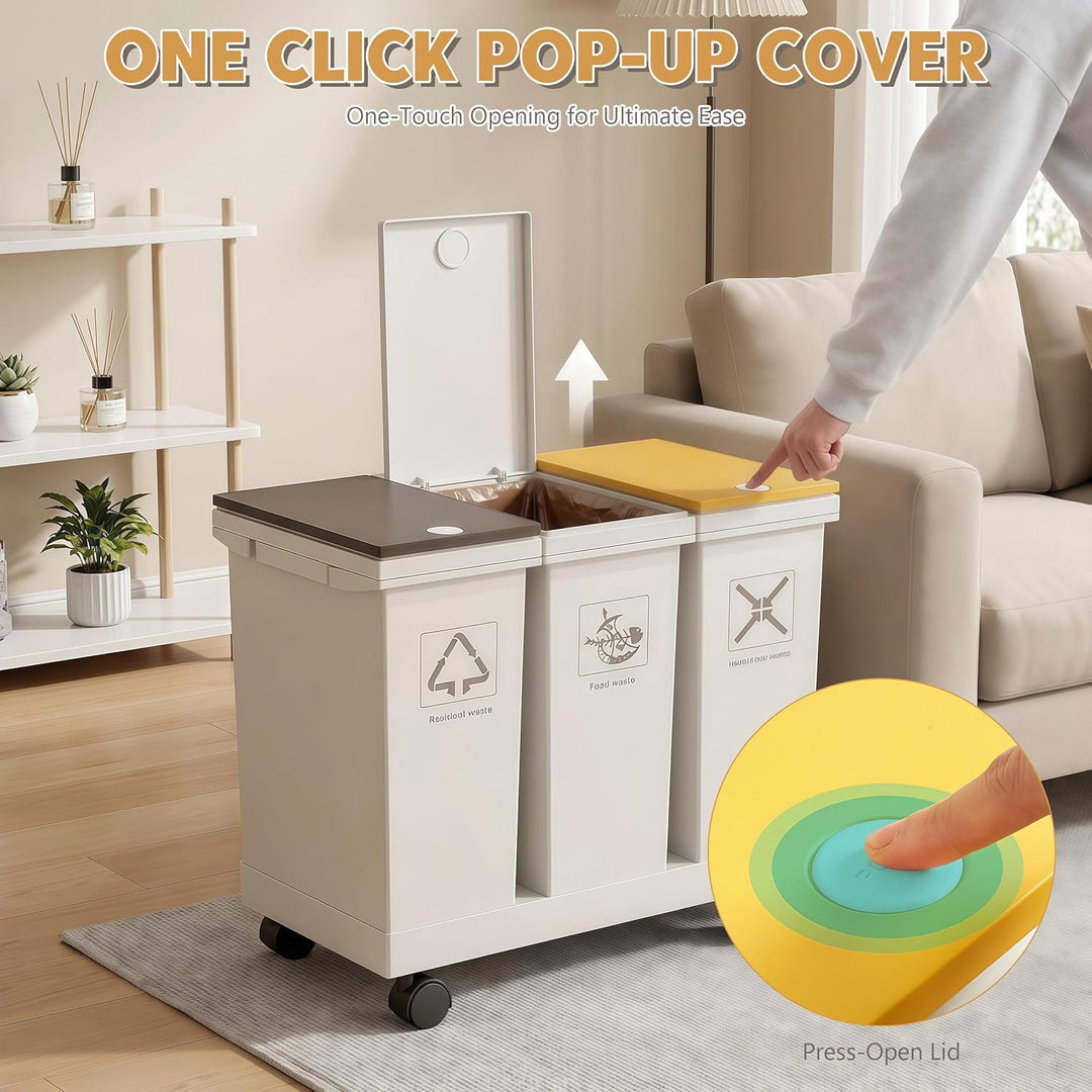 Mobiles Mülleimer Küche 3 x 12 L mit Rollen Mülltrennsystem 3 Fächer mit Druckdeckeln für Zuhause un