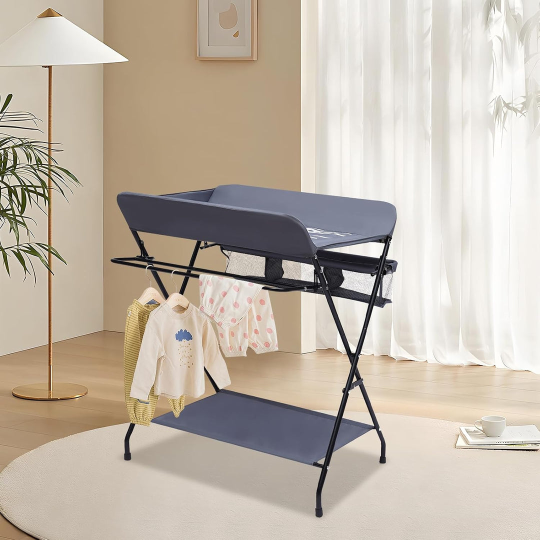 Baby Klappbarer Wickeltisch, Firma Wickelkommode mit Sicherheitsgurt &amp; Ablagefläche &amp; Zaun, Leicht z