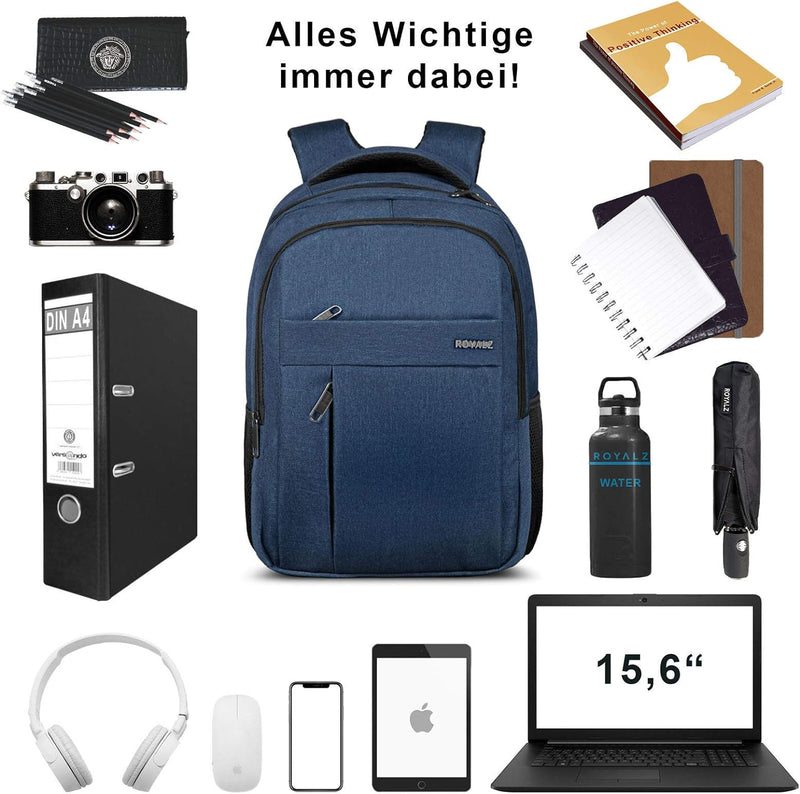 ROYALZ Laptop Rucksack 15,6 Zoll Blau Laptopfach Daypack Schule und Business Tasche Geräumig für Ruc