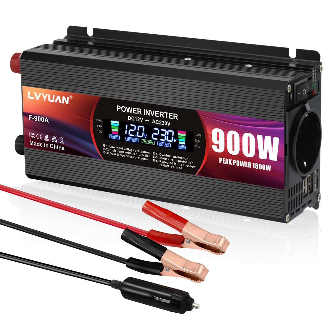 LVYUAN Wechselrichter 12V 230V 900W Spannungswandler Stromumwandler mit EU Steckdosen, 2 USB, Alliga