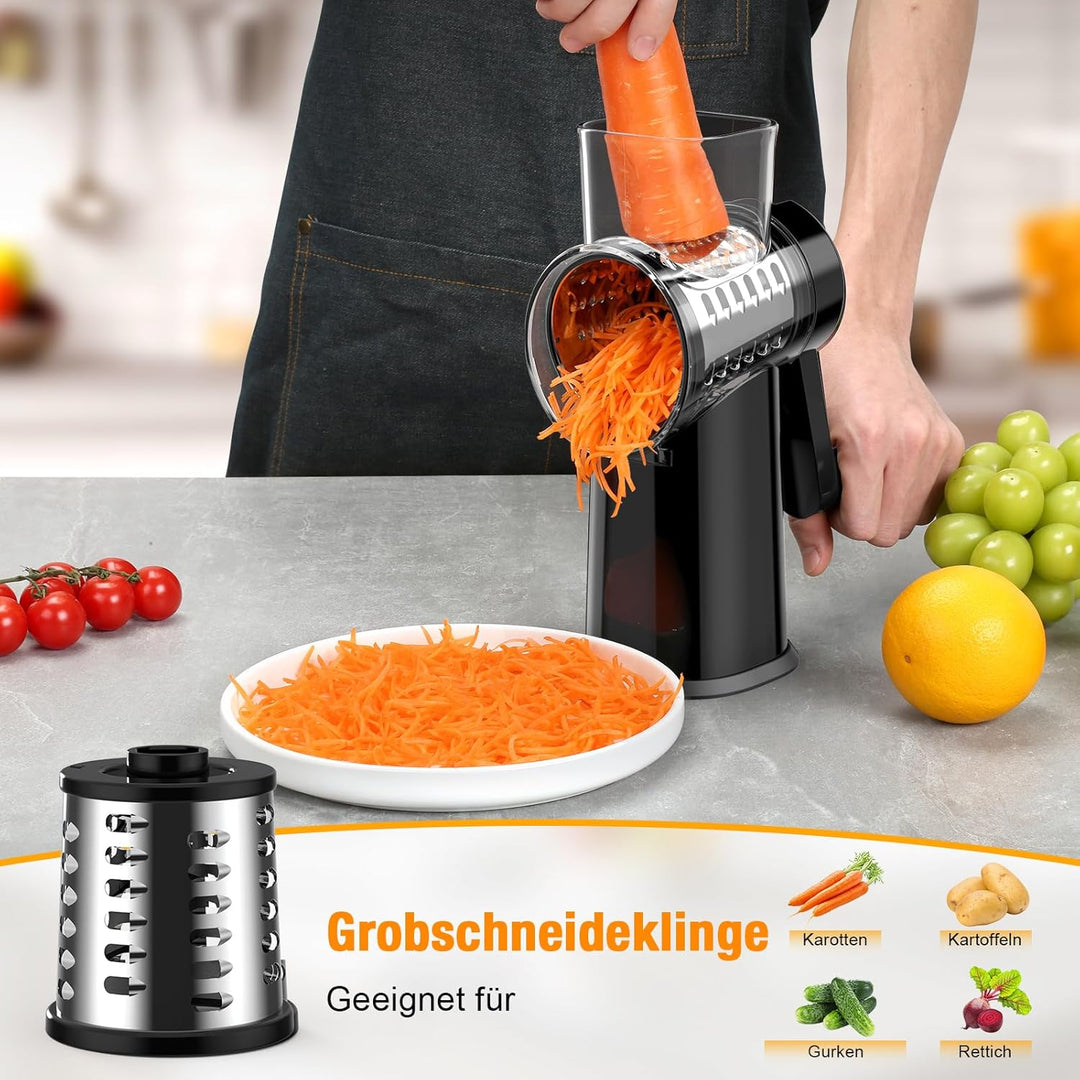 Ibergrif Manuelle Gemüsereibe mit Kurbel, Schwarze Premium Trommelreibe– 3 Klingen für Schneiden, Ra