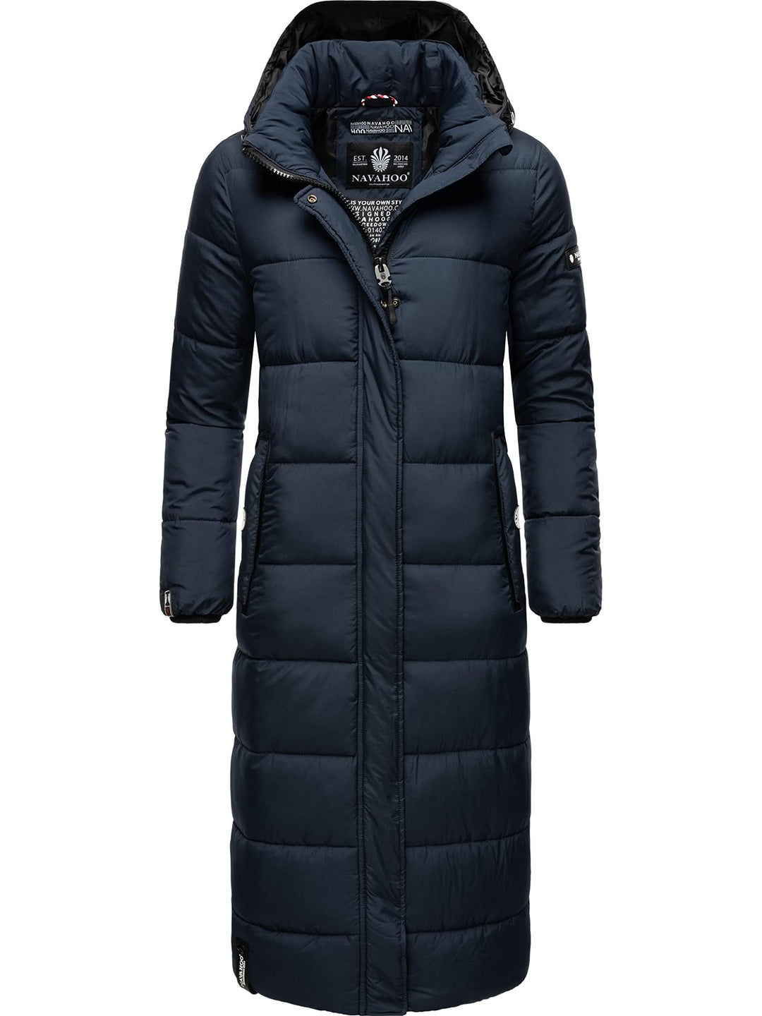 Navahoo Damen Wintermantel Warmer Steppmantel lang mit Abnehmbarer Kapuze Isalie XS-XXL L Navy, L Na