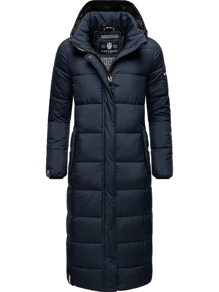 Navahoo Damen Wintermantel Warmer Steppmantel lang mit Abnehmbarer Kapuze Isalie XS-XXL L Navy, L Na