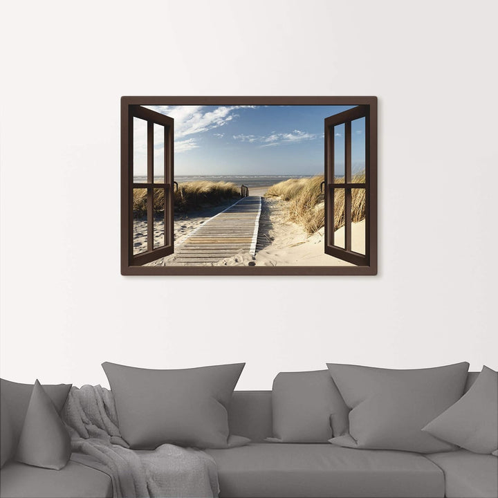Artland Leinwandbild Wandbild Bild auf Leinwand 70x50 cm Wanddeko Fensterblick Fenster Strand Meer M