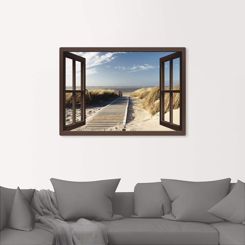 Artland Leinwandbild Wandbild Bild auf Leinwand 70x50 cm Wanddeko Fensterblick Fenster Strand Meer M