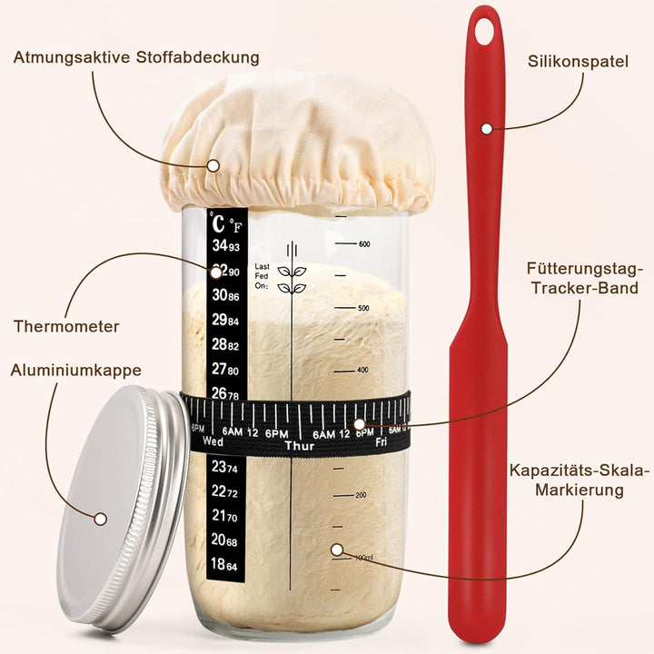 Sauerteig Starter Set, 11-teilig Gärkorb Brot Set, Oval 25cm, Rattan, Komplettset Brot Backen Zubehö
