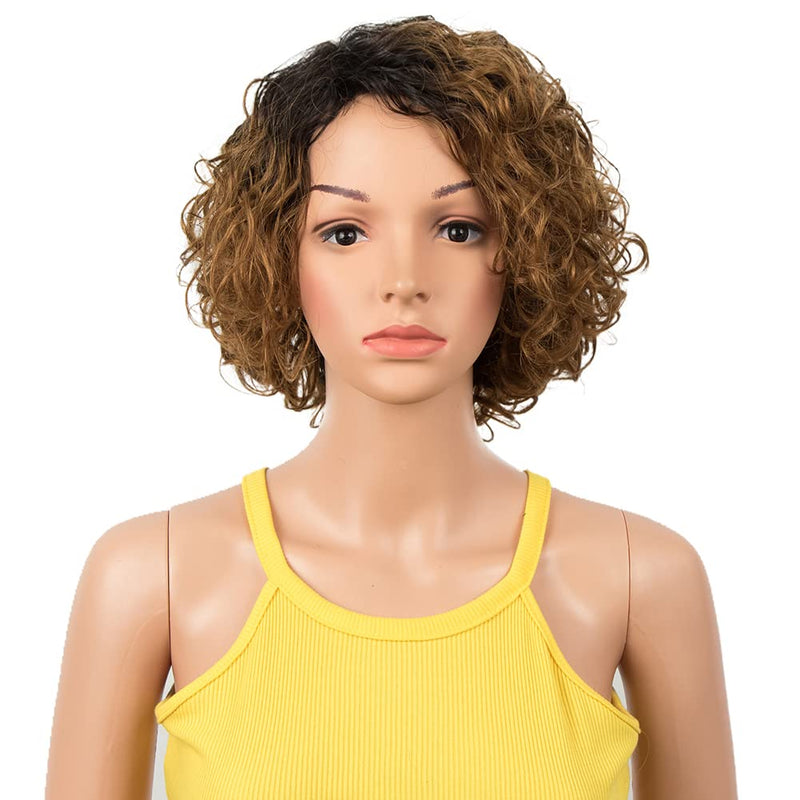 DÉBUT Kurze Bob Perücke mit Air Bangs Kurze lockige gewellte Echthaar Bob Perücke für Damen 25 cm 12