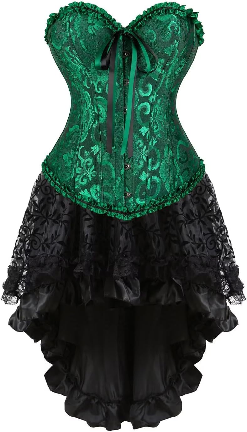 Josamogre Korsett Kleid Damen Corsage Set Bustier Korsettkleid Blumen Gothic Burlesque XS Black Gree