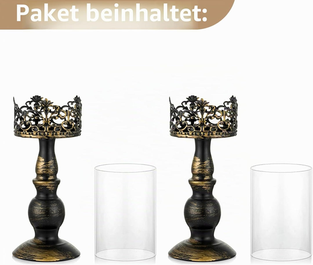 NUPTIO 2 Stück Vintage Kerzenhalter für Tische Kerzenhalter aus Schwarzer Säule mit Glasschirmabdeck