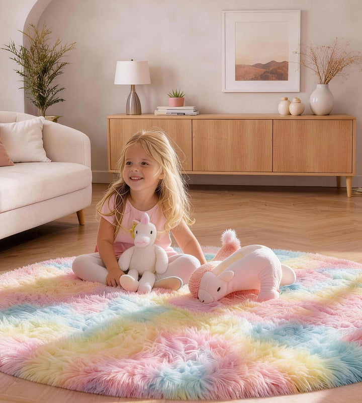 MARATIP Plüsch Teppich Rund,Flauschiger Teppich Rund,modernes Wohnzimmer,Kinder Mädchen,weicher und