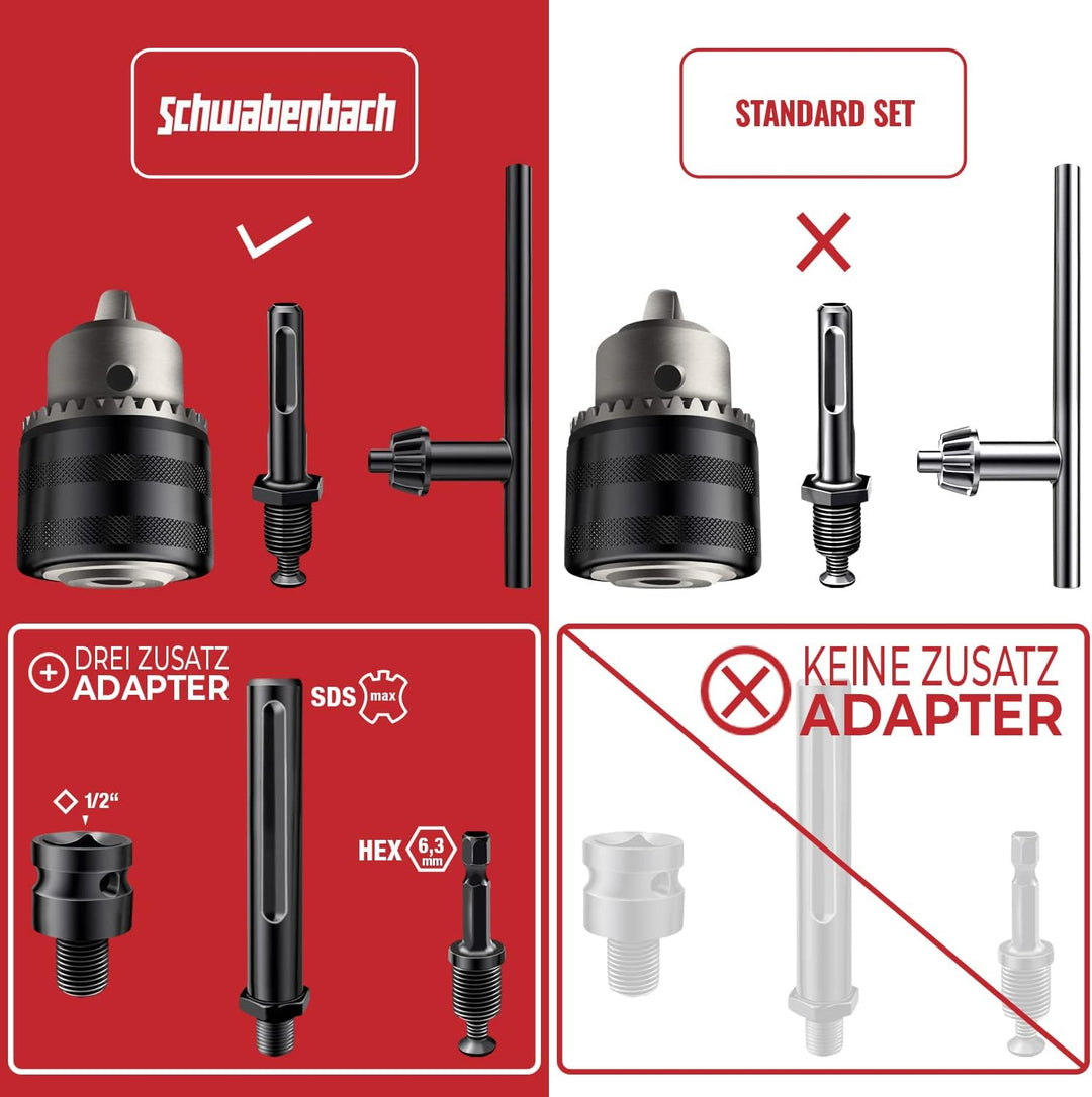 SCHWABENBACH ® Bohrfutter Komplett Set 6tlg mit 4 Adapter - Premium Set mit Bohrfutterschlüssel 110m