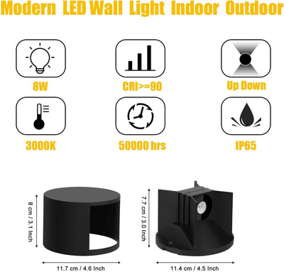 KAWELL 8W Moderne Wandlampe LED Wandleuchte Up Down Wasserdicht IP65 Aluminium LED Wandbeleuchtung I