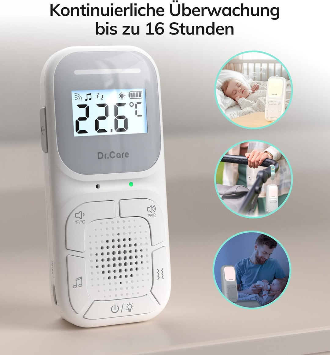 Dr.Care NeoGo Audio Baby Monitor – Vorgepaart, Gegensprechfunktion, VOX, Nachtlicht, Schlaflieder, V