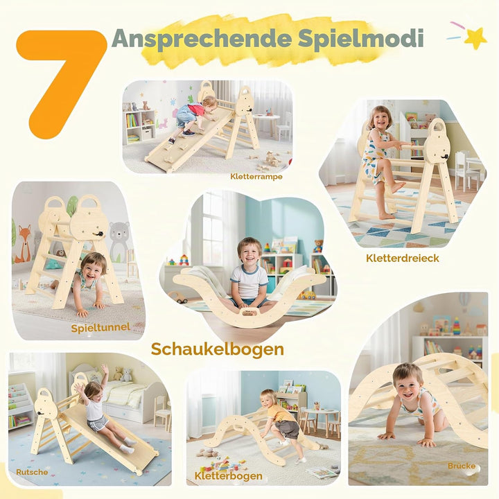 Klettergerüst Indoor,7-in-1 Montessori Indoor Spielset,Stabiles Birkenholz Klettergerüst mit Rutsche