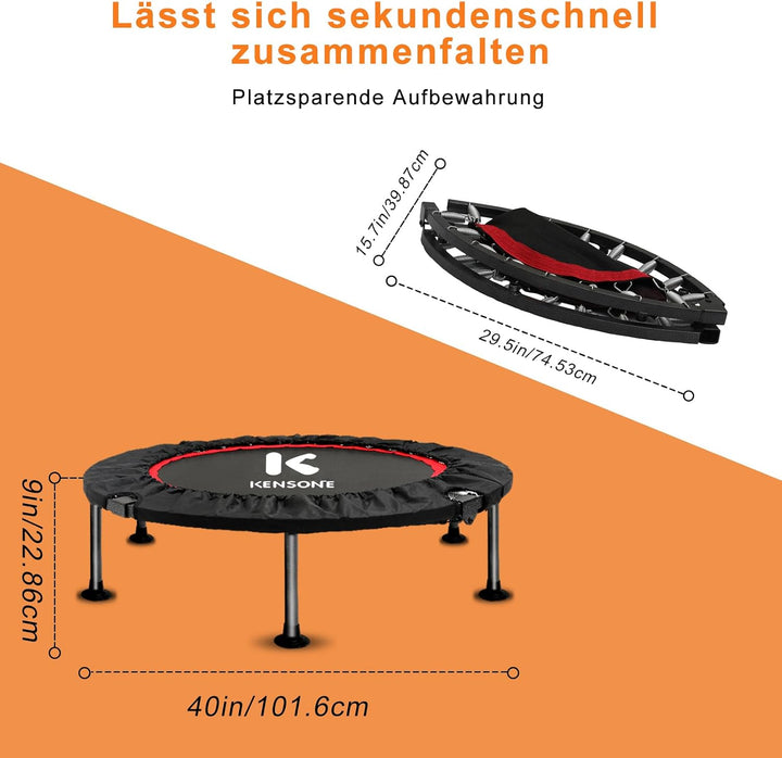 Faltbares Mini Trampolin mit verstellbarem Handlauf, 101.6CM Fitness Trampolin leiser Rebounder für