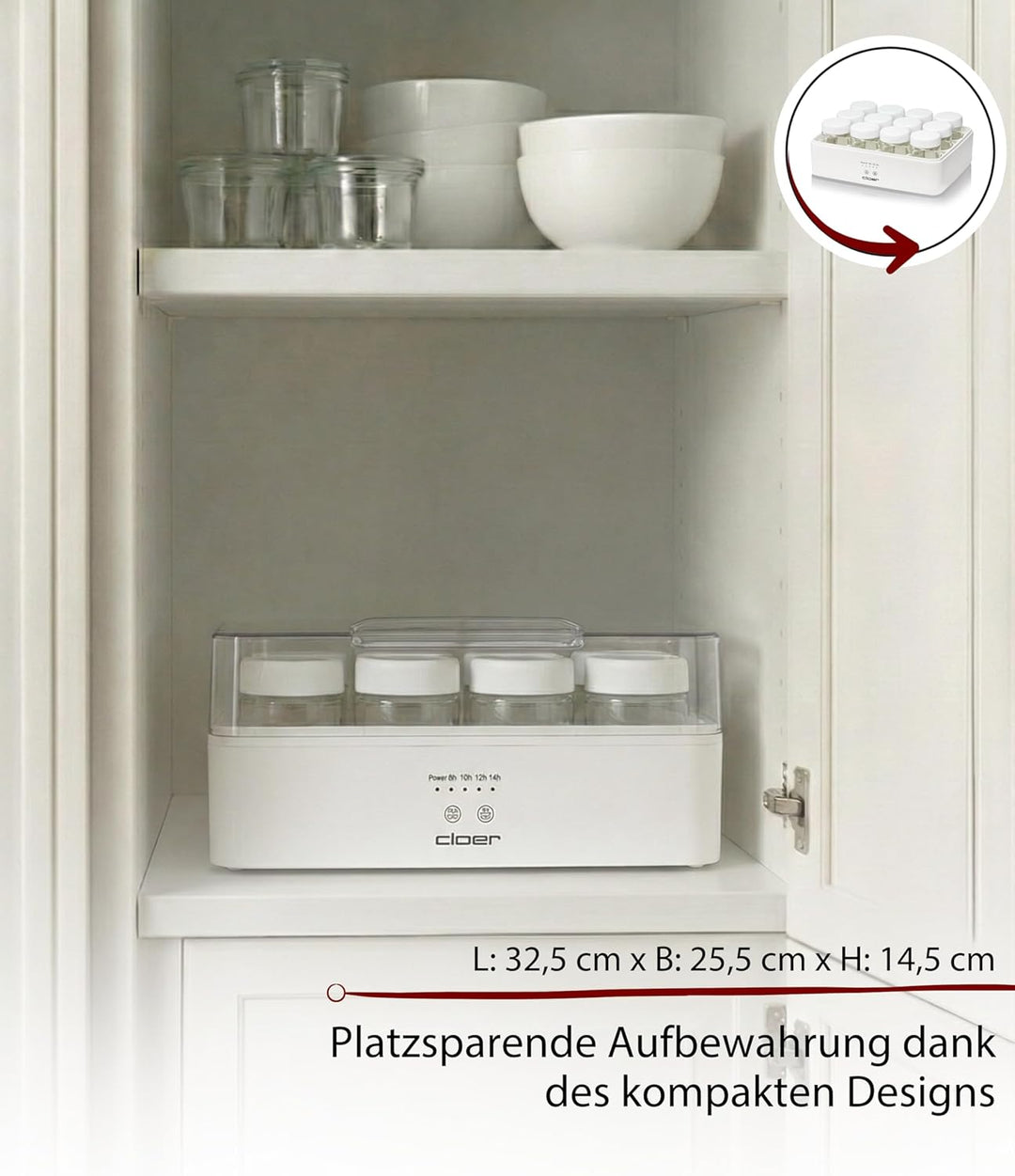 Cloer 9921 Joghurtbereiter für 12 Gläser, je 150 ml Fassungsvermögen, für Joghurt und Fermentkulture