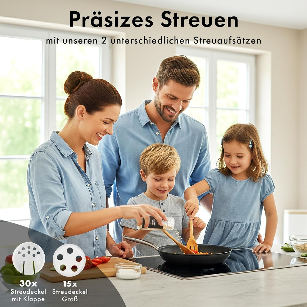 EDELHAUS Gewürzgläser Eckig Set mit Deckel (36 x 120ml) Gewürzstreuer mit Streueinsatz und 240 Etike