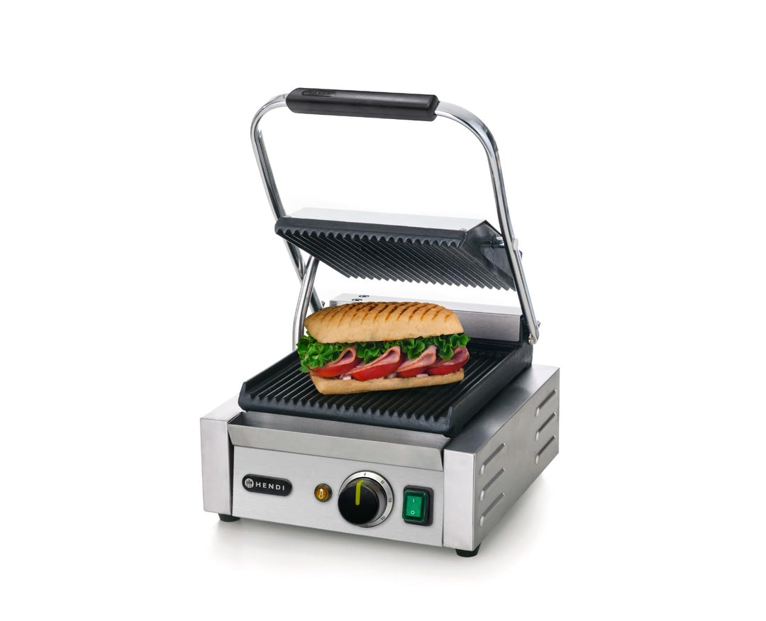 HENDI Kontaktgrill, Einzelversion, Elektrogrill, Tischgrill, Sandwichtoaster, Regelbar bis max. 300°