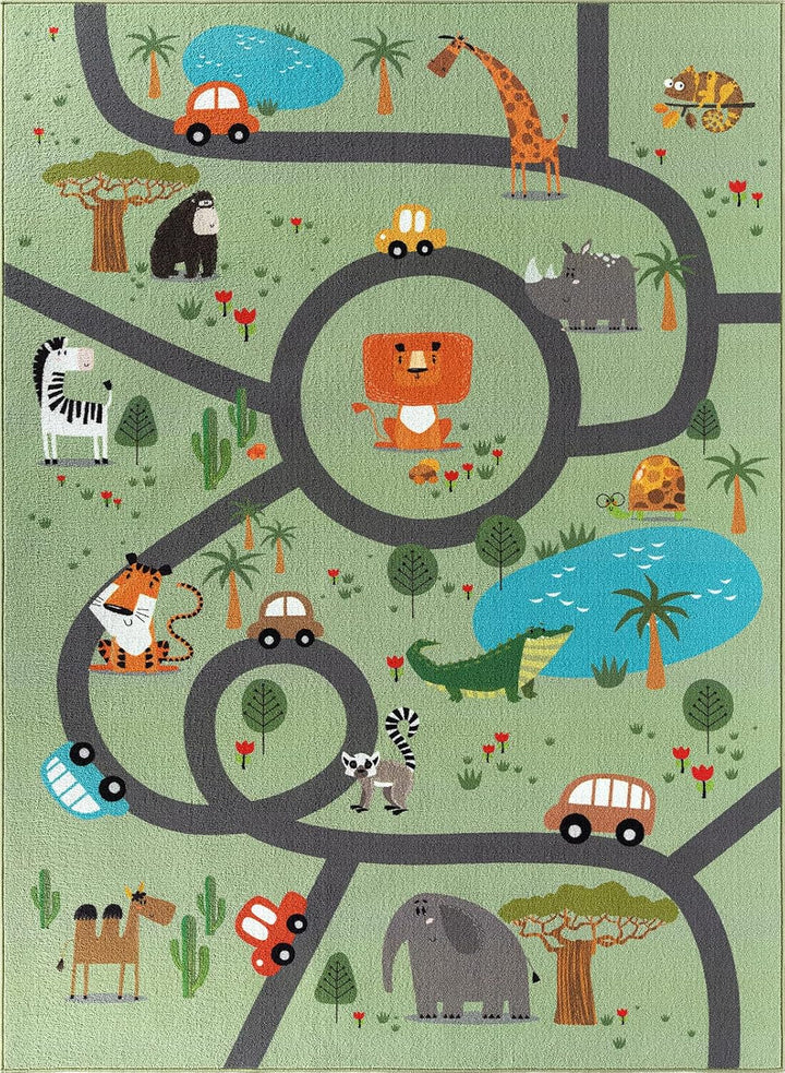 the carpet Happy Life – Kinderteppich Spielteppich mit Strassen‑Motiv, Dschungel, Tiere & Autos, rut