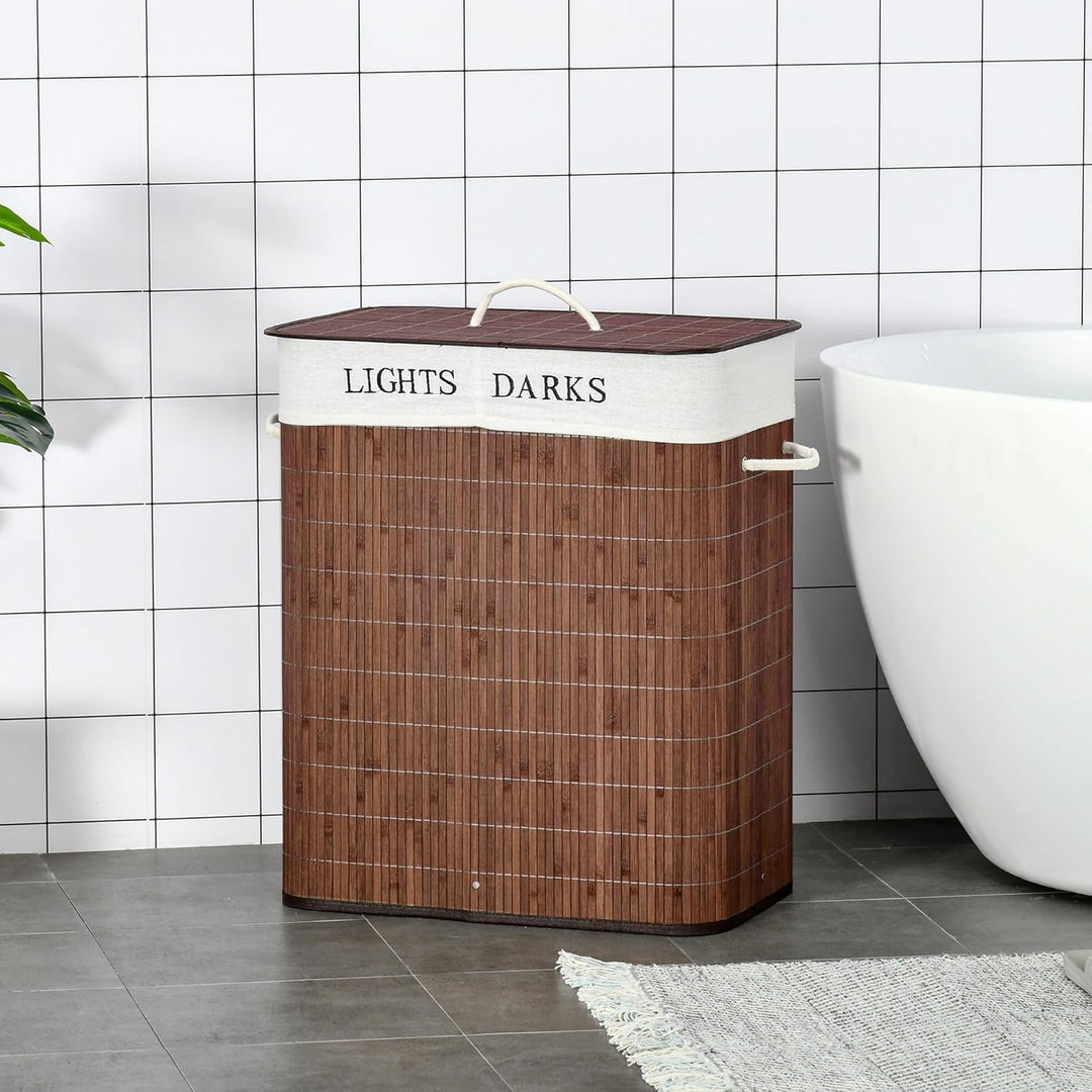 HOMCOM Bambus Wäschekorb schmal mit Deckel 100L Wäschesammler mit Griffen, 2 herausnehmbarer Wäsches