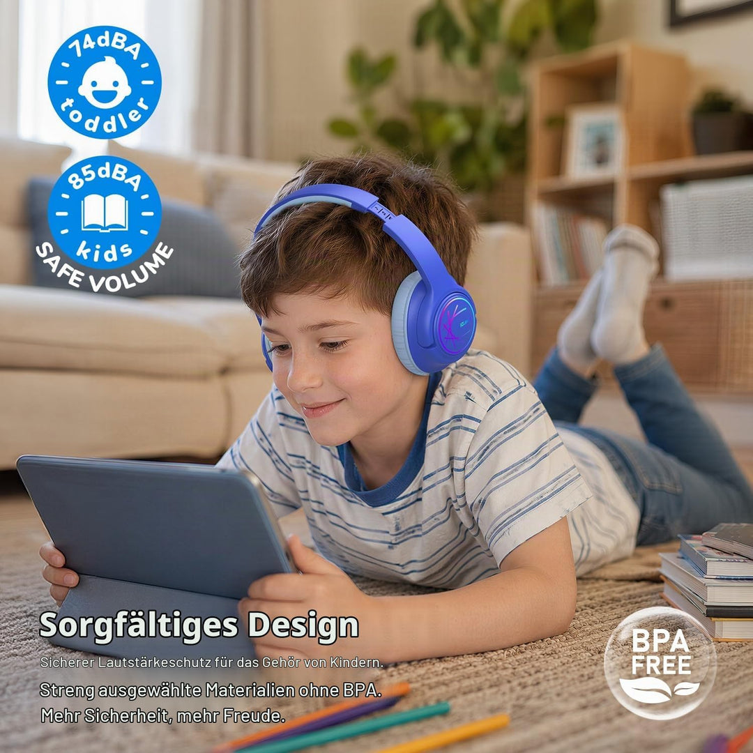 iClever Bluetooth Kopfhörer Kinder mit LED-Leuchten, 74/85dBA Lautstärkebegrenzung, 43 Stunden Spiel