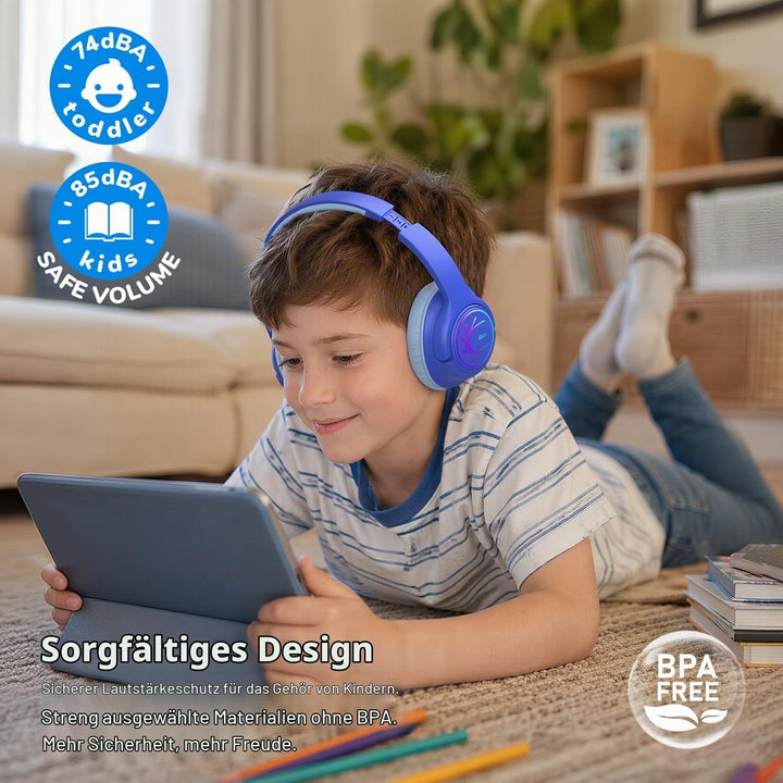 iClever Bluetooth Kopfhörer Kinder mit LED-Leuchten, 74/85dBA Lautstärkebegrenzung, 43 Stunden Spiel