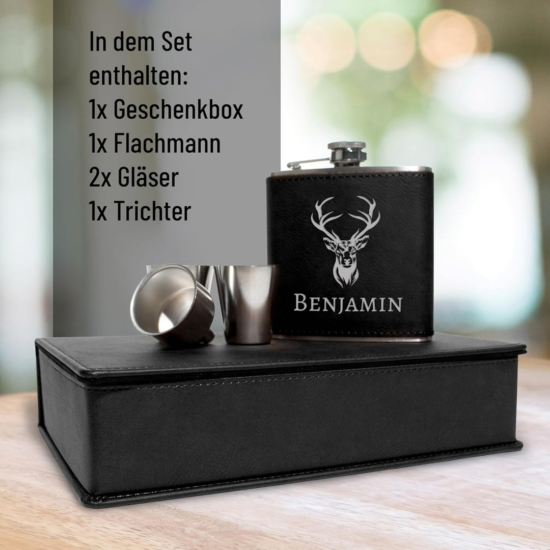 Flachmann Set personalisiert mit Gravur - Hirsch-Design mit deinem Namen - Edelstahl mit Kunstleder