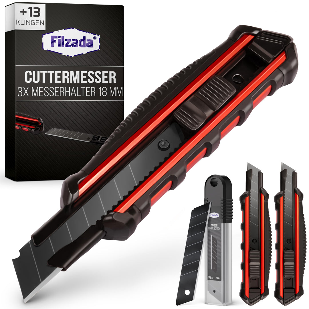 Filzada ® 3x Cuttermesser Profi inkl. 13x Carbonstahl Klingen BLACK - Cuttermesser 18mm - Robustes T