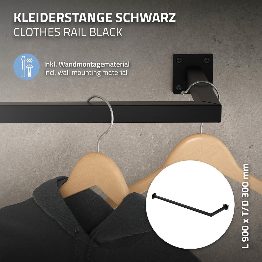 ML-Design Kleiderstange Übereck für die Wand, T30cm x B90cm, Schwarz, aus Stahl, rostfrei, Garderobe