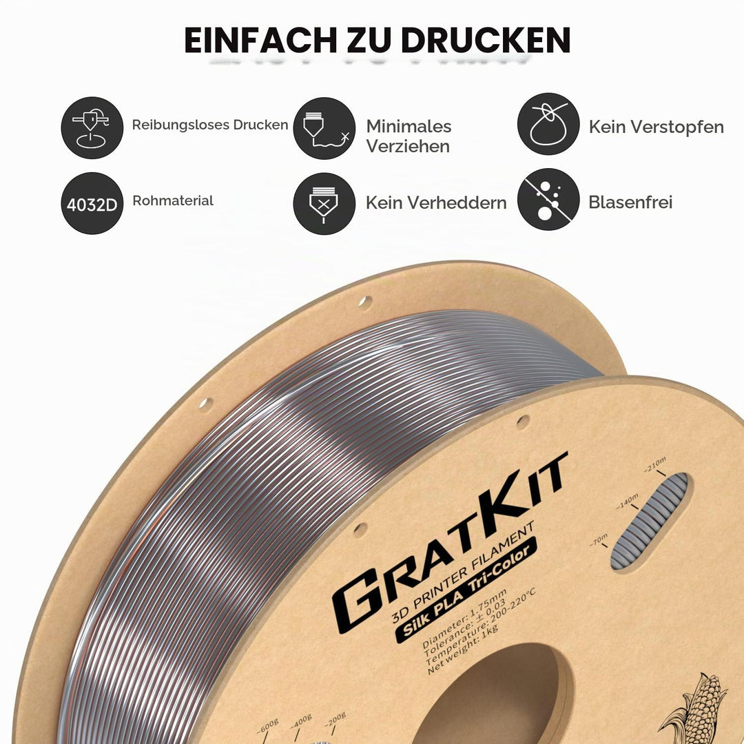 GratKit Tricolor Silk PLA Filament 1,75mm 1kg Spule, Dreifarbiges 3D-Drucker Filament mit +/-0,03mm