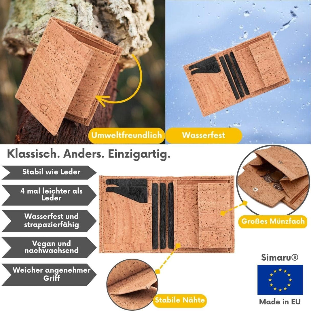 Simaru Kork Geldbeutel Damen & Herren, Geldbörse mit RFID-Schutz, vegan, nachhaltig & langlebig, 5+