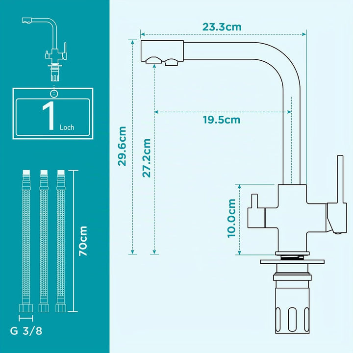 FORIOUS Wasserhahn Küche Schwarz, 3 Wege Wasserhahn Mischbatterie Küche, Zweigriffige Edelstahl-Spül