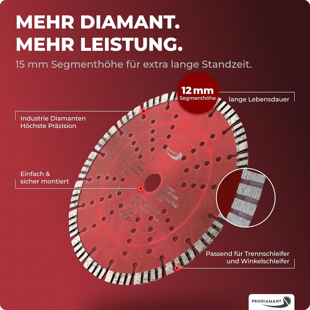 PRODIAMANT Turbo Diamant-Trennscheibe 230mm x 22,23 mm Segmenthöhe 12mm für Beton Naturstein Ziegel