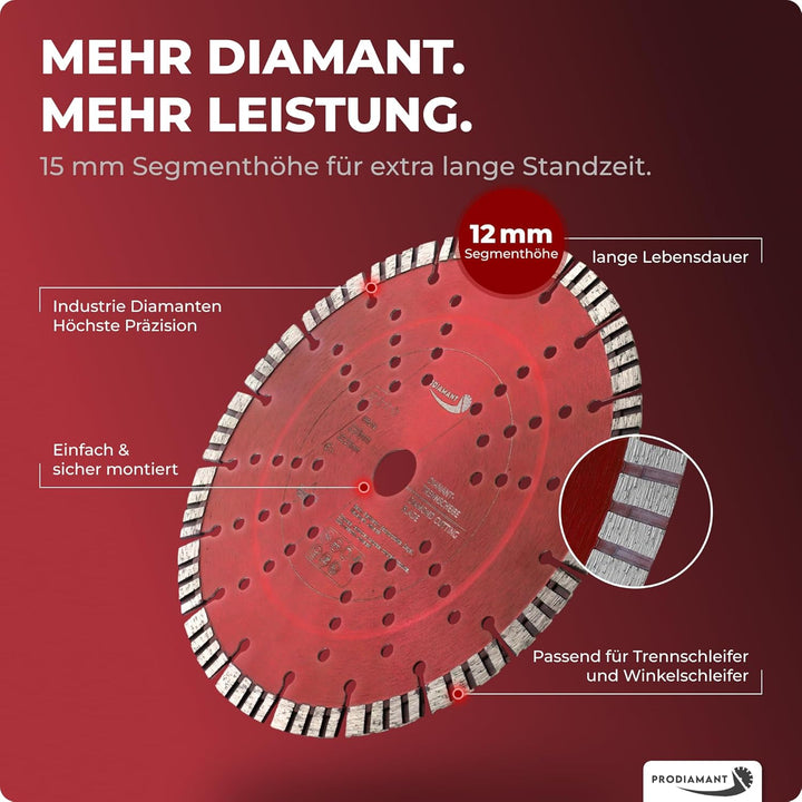 PRODIAMANT Turbo Diamant-Trennscheibe 230mm x 22,23 mm Segmenthöhe 12mm für Beton Naturstein Ziegel
