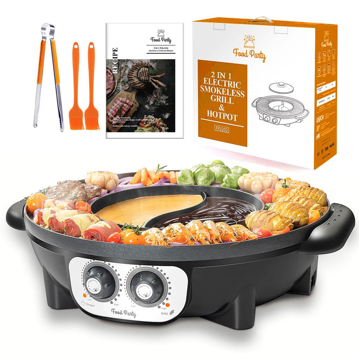 Food Party 2 in 1 elektrogrill und hotpot rauchfrei Electric Smokeless Grill and Hot, Hot Pot One