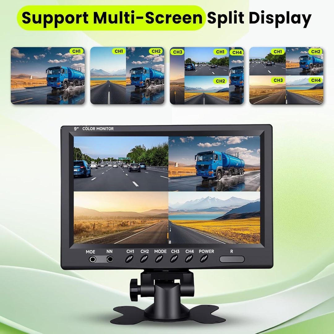 Podofo Vans RV Rückfahrkamera Set, 9 Zoll Monitor 4 Kameras, 4-Geteiltes Display 4-Kanal Video, IP68