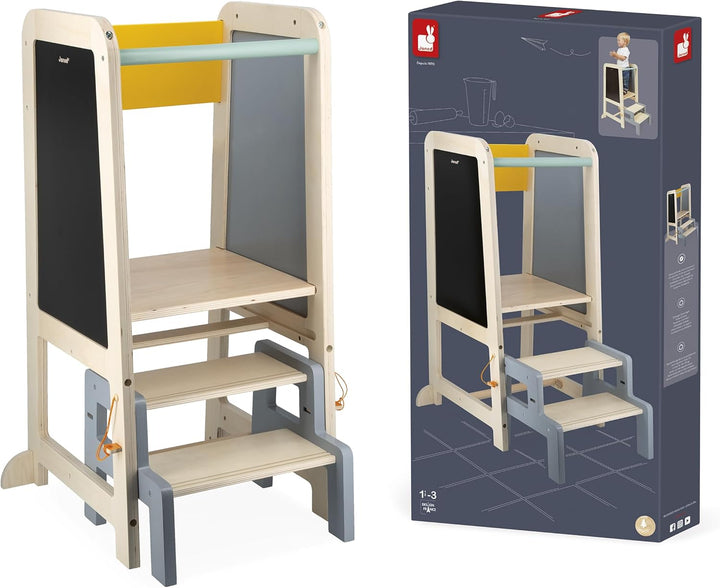 Janod - Lernturm aus Holz - 2 Einstellbare Höhen - 1 Abnehmbarer Tritthocker, 1 Tafel, 2 Kreiden, 1
