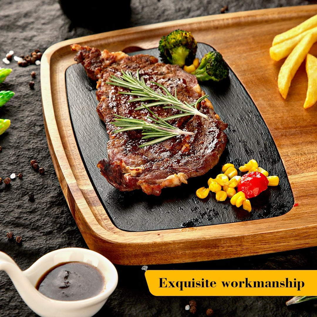 Servierbrett Set aus Akazienholz & Schieferplatte, Steakbrett Holz Schiefer Serviertablett, Servierp