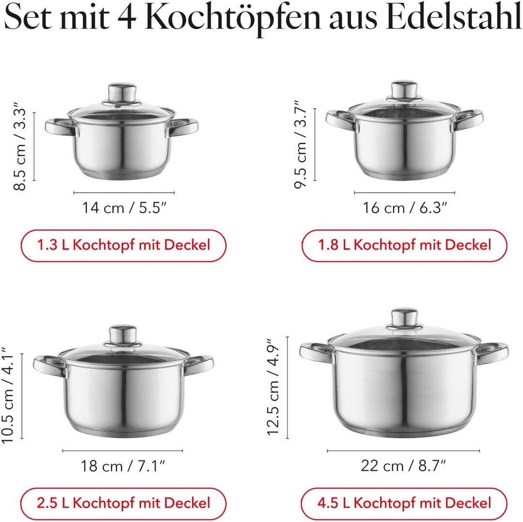 FLORINA Kochtopf Set POLPO I Kochtöpfe mit Deckel und Stieltopf I Messbecher, Ausgiess | Spülmaschin