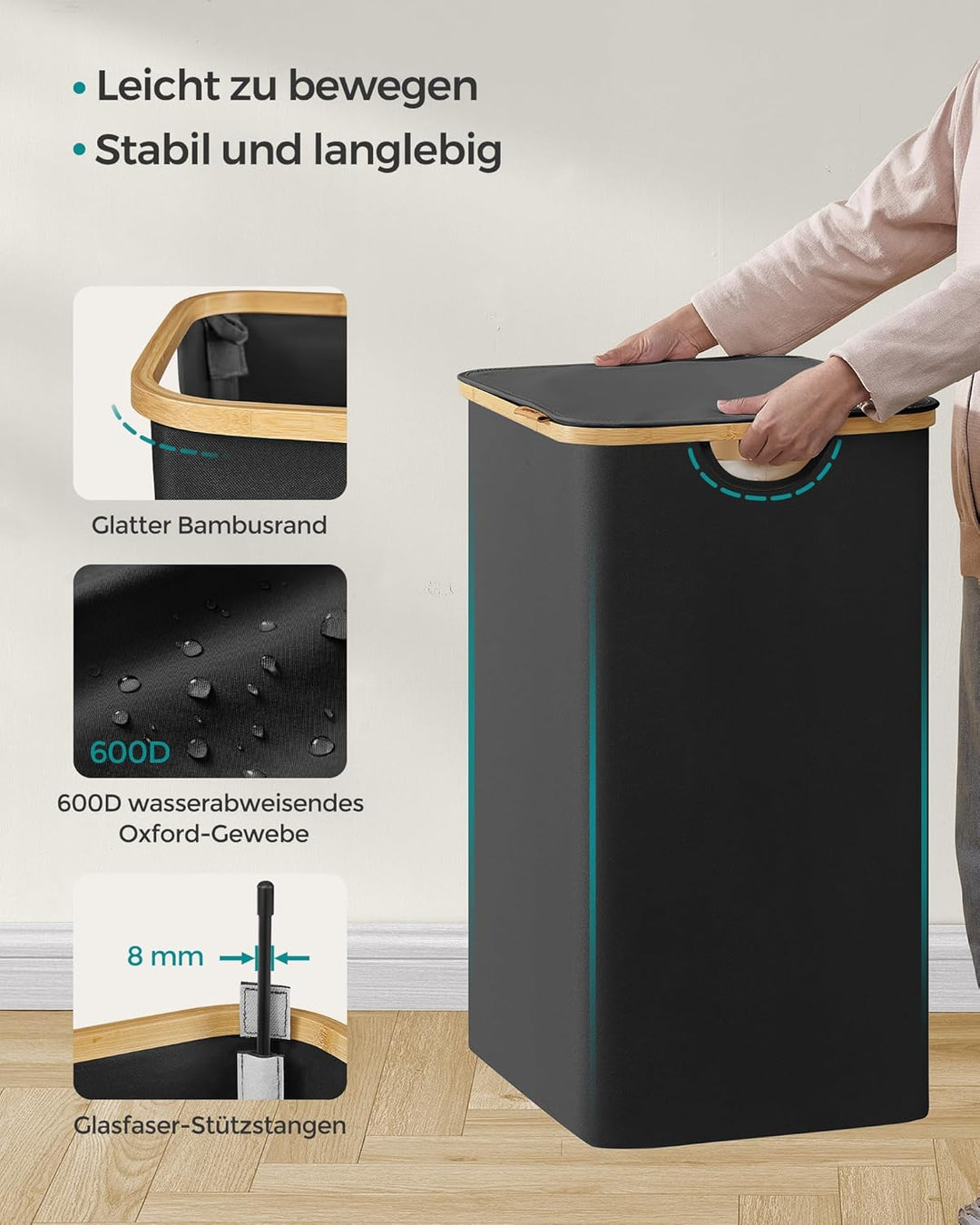 SONGMICS Wäschekorb mit Deckel, Wäschesammler mit 2 Fächern, 130 L, herausnehmbarer Wäschesack, Oxfo
