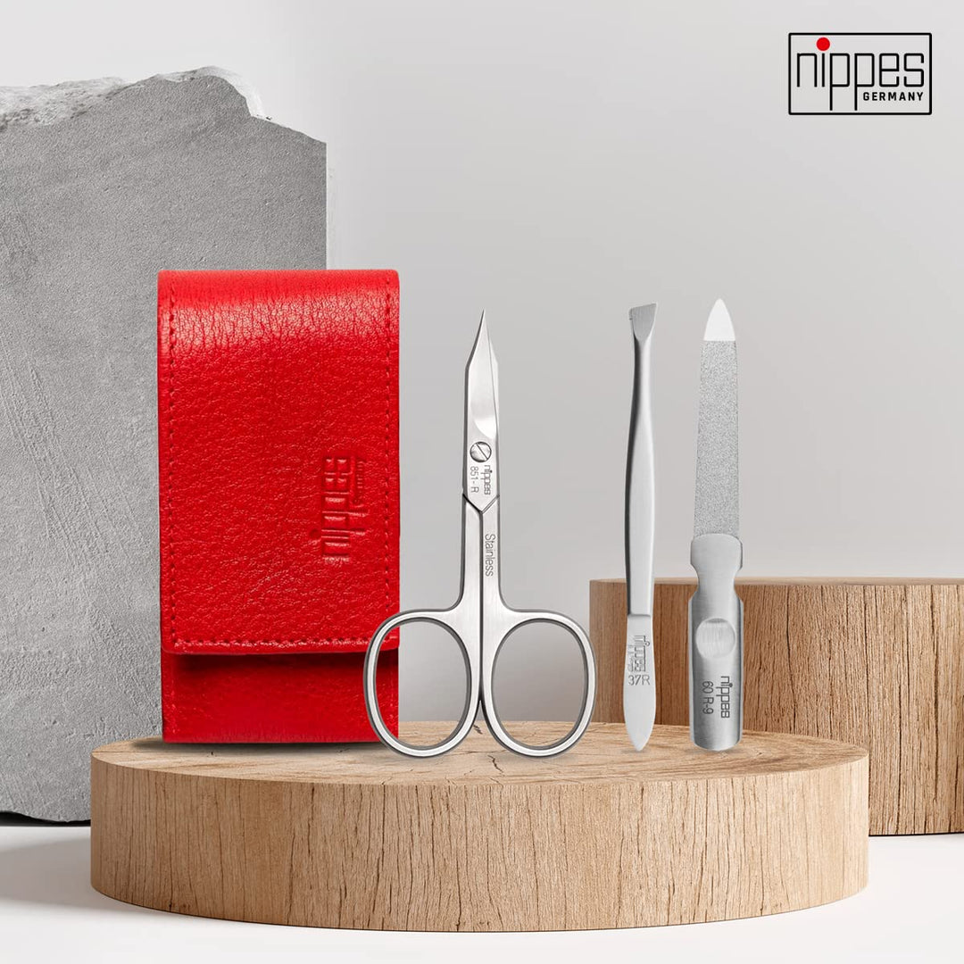 nippes Solingen Premium Line Maniküre Set Wild Red, 3-teilig, Edelstahl rost- und nickelfrei, Rindsl