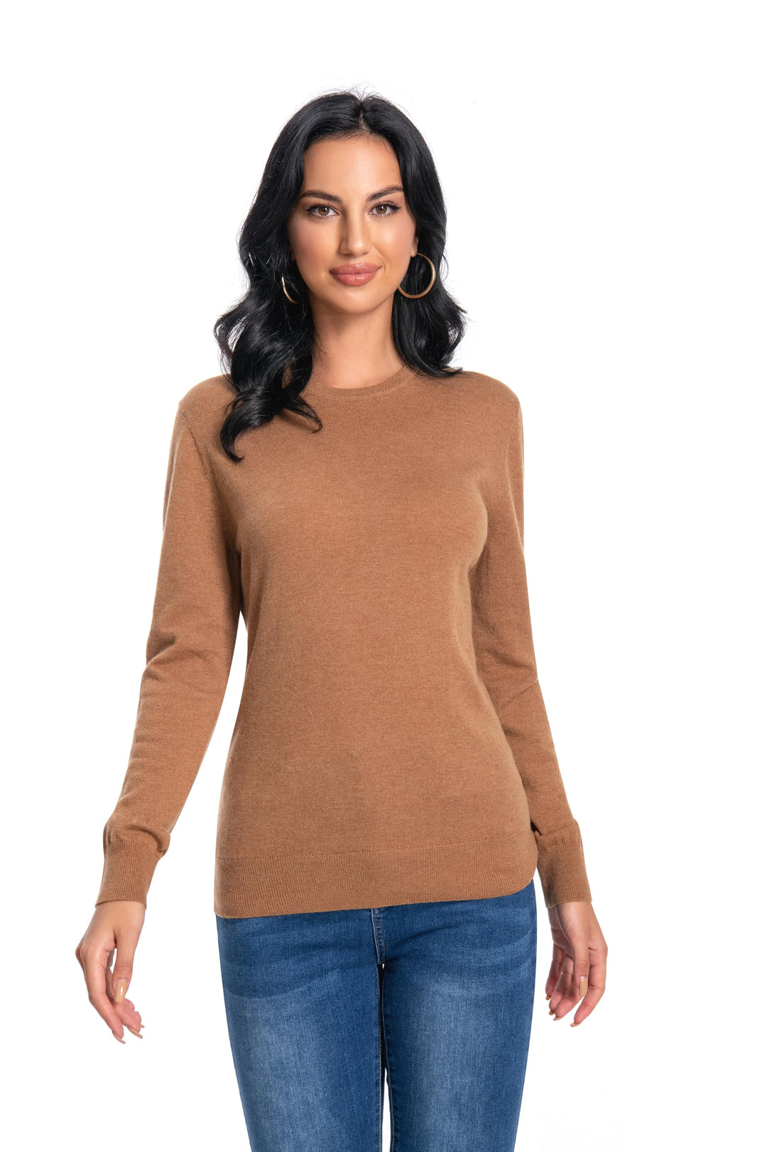 WOSICA Women's 100% Pure Cashmere Long Sleeve Crew Neck Sweater S Haystack, S Haystack