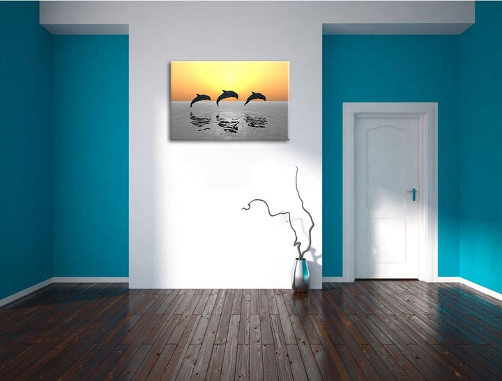 schöne Delfine beim springen schwarz/weiss Format: 100x70 auf Leinwand, XXL riesige Bilder fertig ge