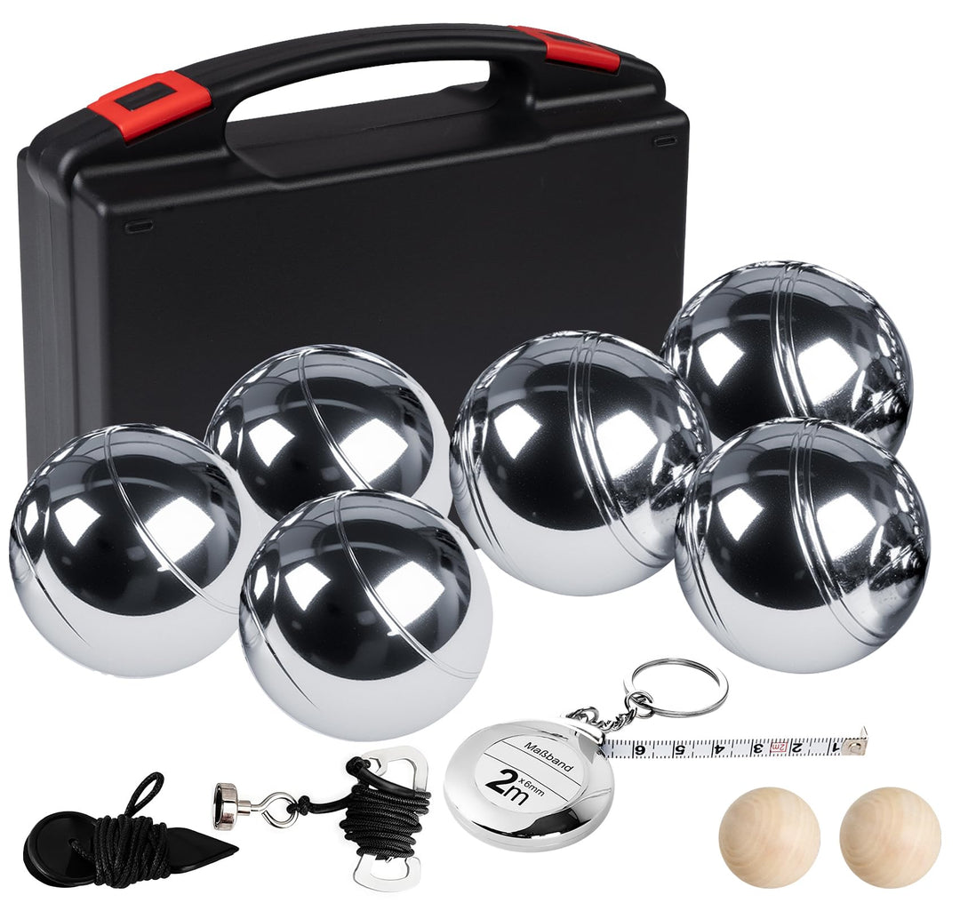 Boule Set mit Boccia Kugeln & Gravur – Personalisierte Petanque Metallkugeln (73mm/720g) mit Abstand