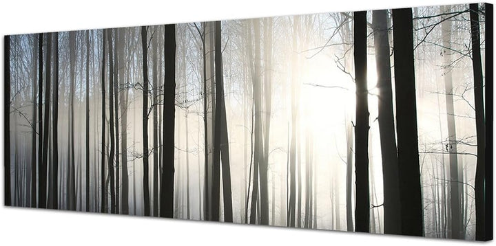 Paul Sinus Art Panoramabild auf Leinwand und Keilrahmen 150x50cm Wald Winter Schnee Sonnenstrahlen