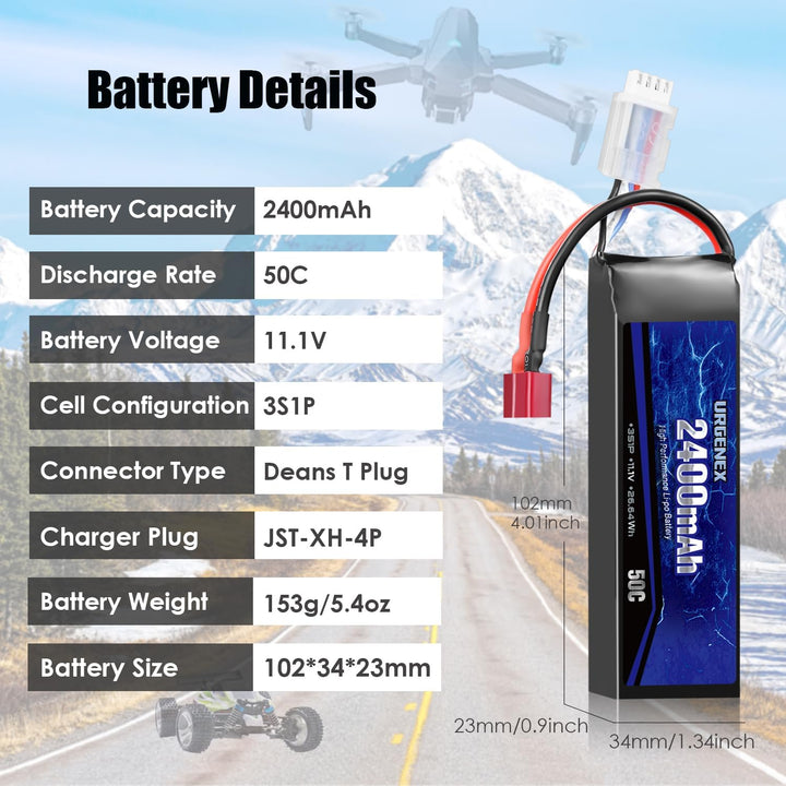 URGENEX 11.1V 2400mAh Lipo Battery 50C High Discharge Rate 3S RC Batteries with Deans T Plug Fit for