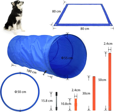 TRMLBE Agility Set Hunde Agility-Ausrüstung Verstellbare Höhe mit Sprungringe, Tunnel, Slalom-stange